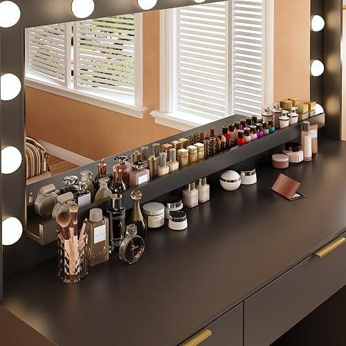 ALEXNUTRE Vanity Desk with Large Mirror and Lights, 45.3in Makeup Vanity with Power Outlet 9 Drawers & Storage, 3 Lighting Color Adjustable, Black thumbnail 4
