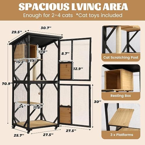 MAGIC UNION 71" Catio Outdoor Cat Enclosure Window Access, 4 Tiers Cats Playpen Catio with Wheels, Resting Box & Waterproof Roof, Indoor Large Cat House Cage with Scratching Post Sisal Ball (Black) thumbnail 3
