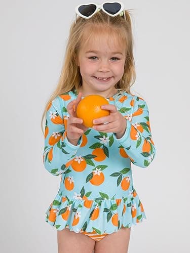 RuffleButts Baby/Toddler Girls Scalloped Long Sleeve Rash Guard 2-Piece UPF50+ Sun Protected Swimsuit thumbnail 2