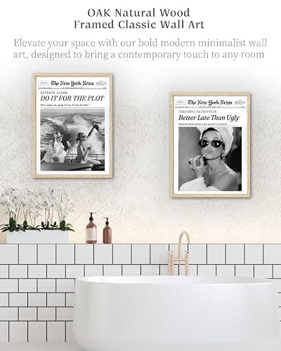 iHery Natural OAK Wood Audrey Hepburn Newspaper Trendy Framed Wall Art, 12x16 in Vintage Headline Canvas Bedroom Wall Decor, Better Late Than Ugly,Bathroom Artwork Apartment Girly Dorm Room 1Pack thumbnail 5