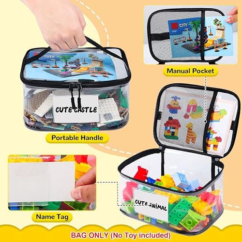 Tesuko 6 Pack Clear Toy Storage Bag with Name Tag& Manual Pocket, Waterproof Transparent PVC Toy Organizer Case for Lego Bricks, Board Games, Building Blocks, Puzzles (Large Capacity, Black) thumbnail 4