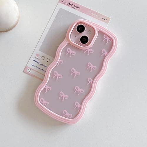 QLTYPRI Bow Case for iPhone 13/iPhone 14 Wavy Fame, Pink | Clear Cute Ribbon Bow Phone Case,Curly Wave Aesthetic Design,Slim Soft Transparent Shockproof Protective Case for Women Girl thumbnail 8