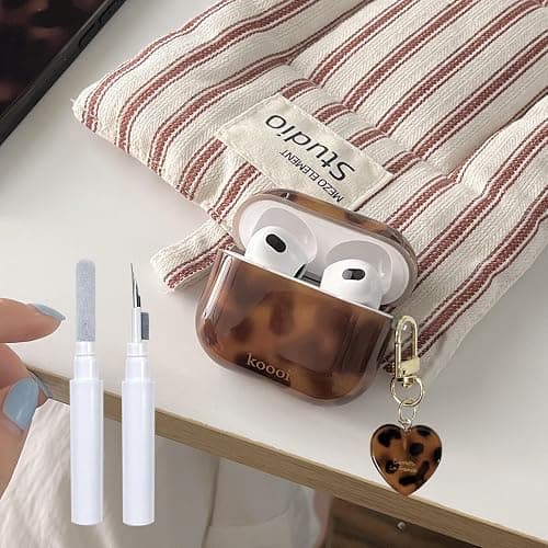 XQAGU for Airpods 3rd Generation Case with Cleaner Kit Tortoise Shell Cute Brown Leopard Cool Aesthetics Shockproof for Airpod Cover Love Keychain-Amber - Image 1