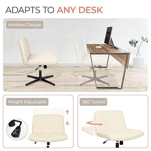 Orange Factory Criss Cross Chair No Wheel Wide Cross Legged Office Desk Vanity Chair Comfy Fabric Armless Adjustable Swivel for Home Computer Task (Beige) thumbnail 7