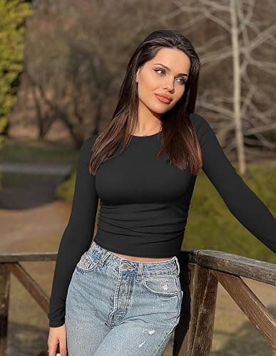 OQQ Womens 2 Piece Shirts Long Sleeve Crew Neck Ruched Stretch Basic Fitted Tee Shirts Tops - Black,pitaya - Large thumbnail 4