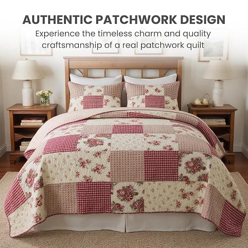 SLPR Country Roses Patchwork Cotton Pieced Quilt Set - Twin Size with 1 Sham, French Country Style Floral Bedding, Red Rose Farmhouse Quilted Bedspread with Flower Pattern thumbnail 2