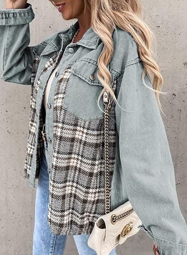 SHEWIN Womens Oversized Denim Jacket Casual Long Sleeve Button Down Plaid Shacket Boyfriend Jean Jacket With Pockets thumbnail 5