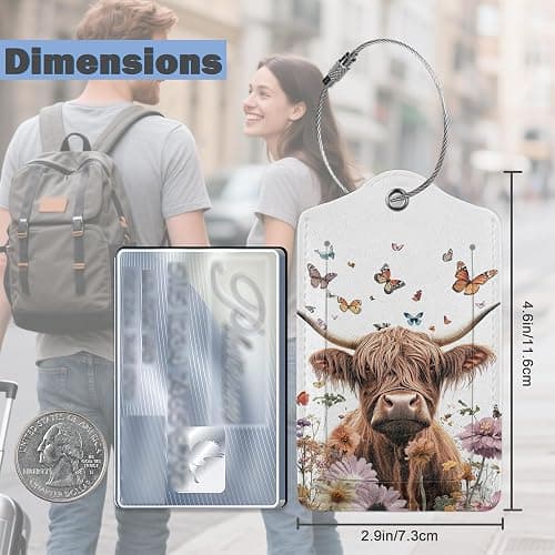 3 Pack PU Leahter Highland Cow Butterfly Flowers Luggage Tag with Stainless Steel Loop, Travel Suitcase Labels with Privacy Cover ID Label Quickly Spot for Bags thumbnail 2