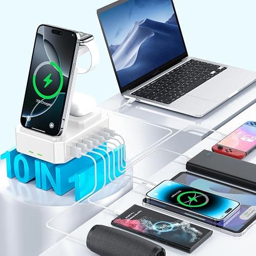 300W Charging Station for Multiple Devices Apple, Zutspzss 10 in 1 Wireless Charger for iPhone 17, GaN III USB C 65W PD Fast Charging Stand Dock for MacBook, Apple Watch&Airpods,White thumbnail 2