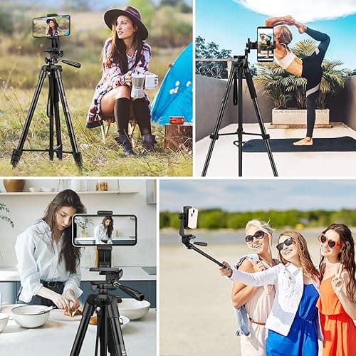 JOILCAN Phone Tripod for iPhone 63inch/161cm, Aluminum Extendable Mobile Phone Tripod Stand with Wireless Remote Shutter, Lightweight Selfie Stick Tripod for Smartphone/Small Camera，for Android/iOS - 63" - Black thumbnail 7