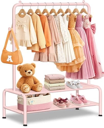 mirolam Kids Clothing Rack - Dress Up Storage - Dress Up Rack for Little Girls - Small Kids Costume Wardrobe with 2 Fabric Shelves - Princess Room Bedroom Decor - Image 1