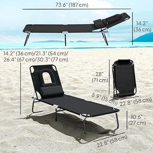 Outsunny Folding Chaise Lounge Chair, Reclining Beach Tanning Chair with Face Hole, Pillow, 4-Position Adjustable Lay Flat Sun Lounger, Steel Frame for Outdoor Patio Pool, Black thumbnail 3