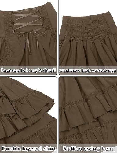 FEOYA Women Steampunk Gothic Lace Up High Waist Renaissance Victorian Layered Skirt thumbnail 4