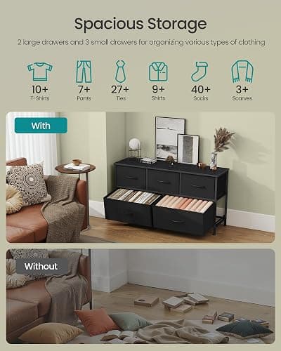 SONGMICS Dresser for Bedroom, Wide Dresser with 5 Fabric Drawers | Chest of Drawers with Steel Frame, for Closet & Entryway, Ink Black and Ebony Black, BELLAH Collection ULGS322B01S thumbnail 4
