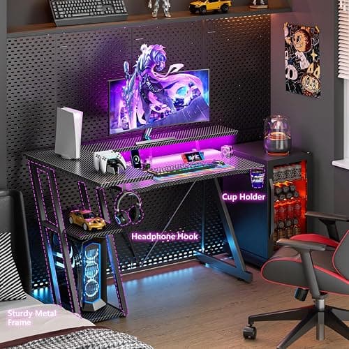 Korfile 40 Inch Gaming Desk with Power Outlet & LED Lights, L Shaped Computer Gaming Table with 3 Tiers Storage Shelves, Corner Gamer Desk with Monitor Stand for Small Space, Carbon Fiber Black thumbnail 2