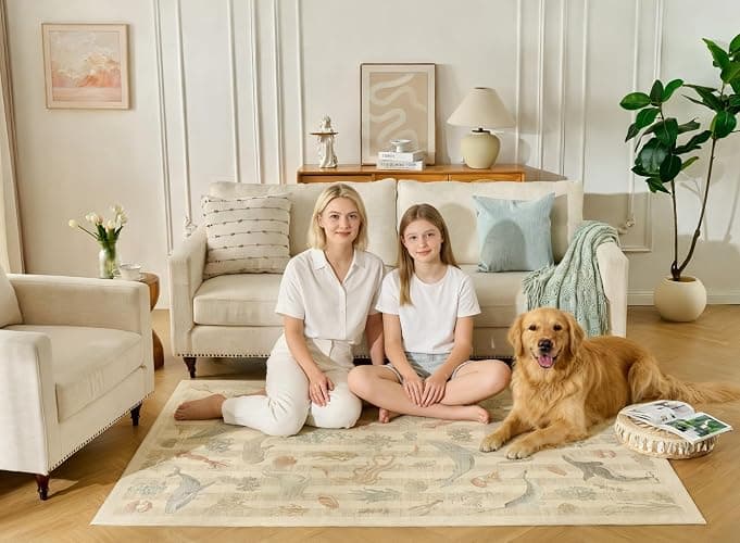 Weaverlane Whales Coastal Washable Nursery Rug Beige (Taupe, 5' x 7') | Soft Faux Wool Stain Resistant Rug Non-Slip Backing for Playroom Bathroom Living Room Bedside Beachy Cute Nautical Neutral thumbnail 5