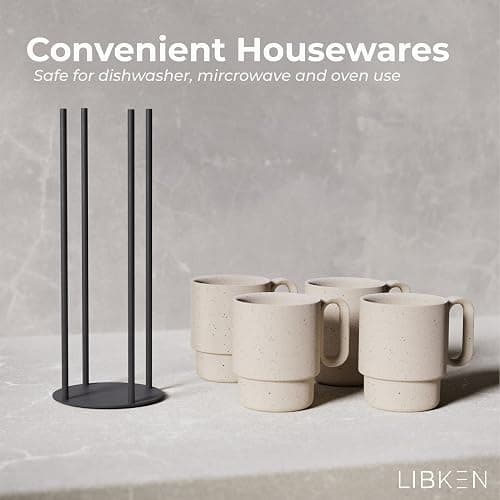 Stackable Coffee Mug Set with Black Stand - 4x8oz Ceramic Mugs with Unique Sprinkled Optics - Powder Coated Metal Rack - Dishwasher-Safe - Microwave & Oven - Scandinavian Minimal Design thumbnail 4