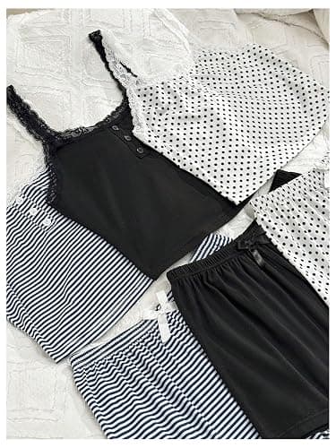 SOLY HUX Women's 6 Piece Pajama Sets Cami Tops and Shorts Sleepwear Set | Lace Pj Sets, Polka Dots Striped Lounge Set thumbnail 5