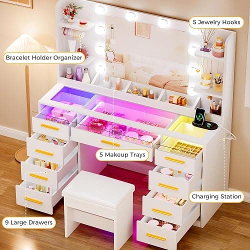 ANWBROAD Vanity Desk with Mirror and Lights 3 Colors Large Makeup Vanity Table Set Transparent Glass Top with 9 RGB Drawers, 4 Shelves Vanity Desk with Stool Power Outlet White Bedroom Women UBDT94W thumbnail 4