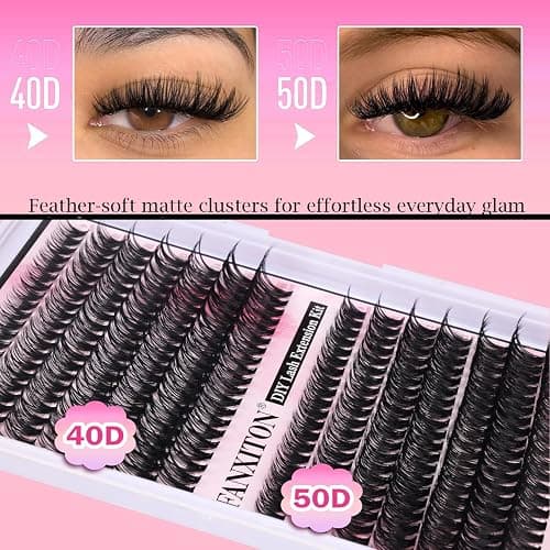 FANXITON DIY Individual Eyelash Extension Kit, Thick Volume Lash Clusters 40D+50D D Curvature, 280 Pieces Thin Band Cluster Lashes with Bond and Seal Tweezers thumbnail 3