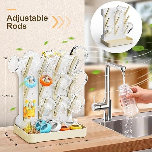 Viddett Superior Vertical Baby Bottle Drying Rack with 4-Pack Brush Set: Space-Saving Countertop Drying Rack - BPA-Free Baby Accessories Storage Stand Organizing Brushes & Pacifiers - Warm Beige thumbnail 2