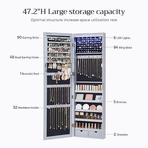SONGMICS 6 LEDs Mirror Jewelry Cabinet, 47.2-Inch Tall Lockable Wall or Door Mounted Jewelry Armoire Organizer with Mirror, 2 Drawers, 3.9 x 14.6 x 47.2 Inches, Gray UJJC93GY thumbnail 6