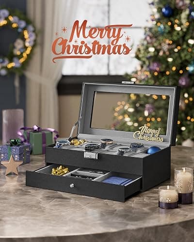 SONGMICS Watch Box, 12-Slot Watch Case Organizer with Large Glass Lid, 2 Layers, Removable Pillows, Metal Lock, Gift for Loved Ones, Black Synthetic Leather, Christmas Gift, Gray Lining UJWB012 thumbnail 3