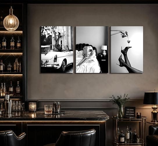 Set of 3 Framed Stylish Women Reading Newspaper Before Bed Wall Art, High Heels Vintage Car Posters, Feminist Black And White Vintage Canvas Prints pictures ， Home living room wall decoration bar cart thumbnail 3