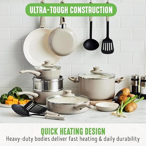 GreenLife 16 Piece Nonstick Cookware Set, Soft Grip Non-Toxic PFAS-Free Ceramic Pots & Pans, Dishwasher & Oven Safe, Frying, Sauce, Saute, Utensils, Glass Lids, Stay-Cool Handles, Wobble Free, Taupe thumbnail 2