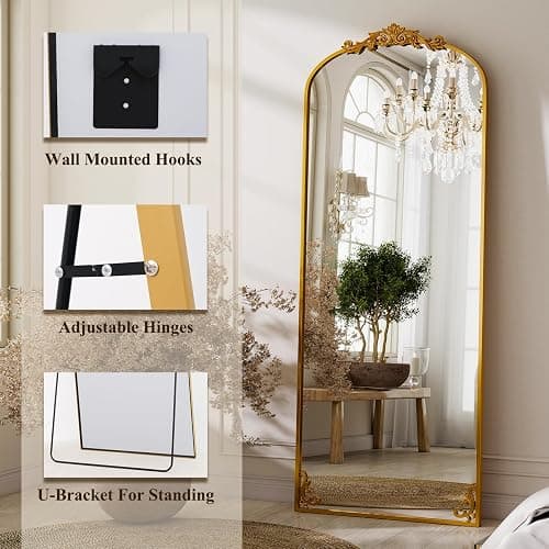 GLSLAND 56"x21" Vintage Full Length Mirror - Carved Arched Floor Standing Mirror, Baroque Full Body Mirrors for Bedroom Living Room Entryway, Gold Frame thumbnail 5