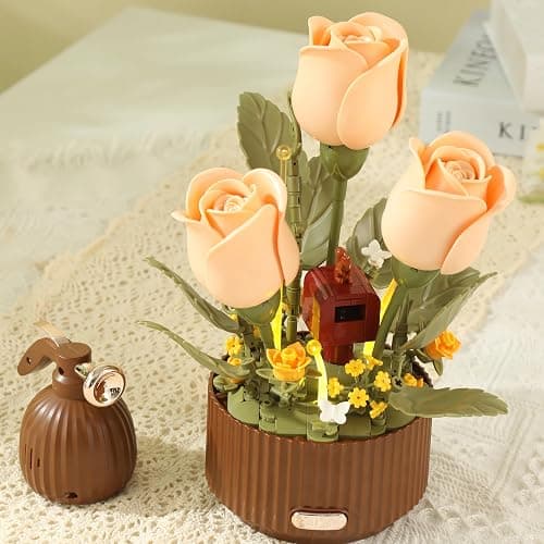 Electric Flower Bouquet Building Set 255PCS – Motorized Blooming Roses Flowers Botanical Kit, DIY Bonsai Style Bouquet of Flowers – Unique STEM Gift for Kids&Adults, Room & Desk Decor (Orange) thumbnail 2