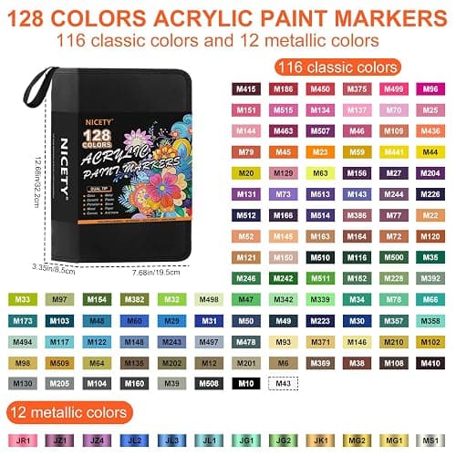NICETY 128 Acrylic Paint Markers, Dual Tip Brush Paint Pens for Rock Painting, Wood, Glass, Stone, Canvas, Ceramic, Fabric - Fine & Brush Tip Water Based Acrylic Markers Pens thumbnail 9