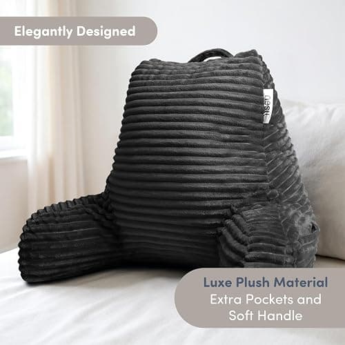 Nestl Reading Pillow with Shredded Memory Foam, Luxe Cut Plush Back Pillow for Sitting Up in Bed, Back and Arms Adjustable Support for Adult & Teens, Backrest Pillows with Washable Cover Dark Grey thumbnail 4