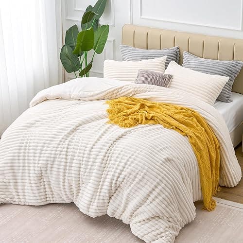 BEDELITE Fleece King Comforter Set -Super Soft & Warm Fluffy Cream White Bedding, Luxury Fuzzy Heavy Bed Set for Winter with 2 Pillow Cases thumbnail 7