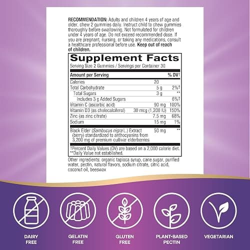 Nature’s Way Sambucus Elderberry Immune Support Gummies for Kids & Adults* with Black Elderberry Extract, Vitamin C, Vitamin D3, and Zinc, 60 Gummies (Packaging May Vary) thumbnail 5