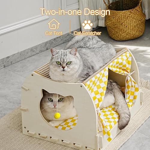 VARMTOR Cat House Indoor, Cat Cave, Modern Kitten Bed with Scratch Pad and Fluffy Ball, Wooden Frame with Cushion and Curtains (M, Double-Layer) thumbnail 2