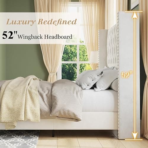 Jocisland Upholstered Bed Frame with Tall Headboard Wingback Platform Bed Tufted Deep Button Velvet/No Box Spring Needed/Easy Assembly (Cream, Queen) thumbnail 4
