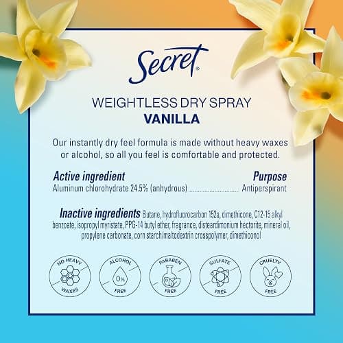 Secret Dry Spray Antiperspirant Deodorant for Women, 48hr Weightless Sweat & Odor Protection, Gentle on Skin, Cozy Vanilla Scent, 4.1 oz (Pack of 3) thumbnail 9