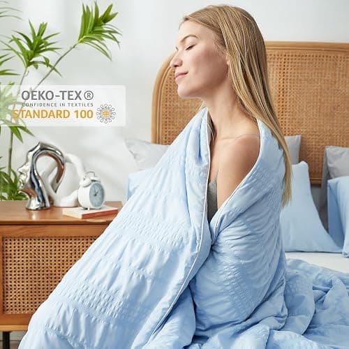 Cozy Bliss Seersucker Cooling Comforter Queen Size, Q-Max 0.45 Reversible Lightweight Cooling Blanket, Breathable Silk Smooth Summer Bedding Quilt for Hot Sleepers Night Sweats Cold Blue thumbnail 5