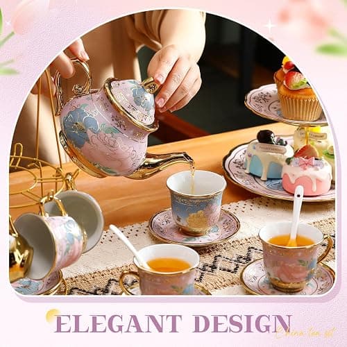 21 Pcs Porcelain Tea Set with 3 Tier Dessert Stand, Purple, Delicate | Ceramic Teapot Set with Metal Holder Cups Saucers for Adults, Floral Tea Party Set, European Tea Party Set Gift for Women thumbnail 2