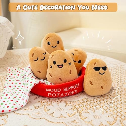GERBIT Potato Stuffed Animal Cute Plush Toys, 5 Pcs Mood Support Potato Plush and Plushies with Carry Basket, Funny Squeeze Toys Home Desk Decor Cheer up Doll Gift for Kids Adults Friends Her Sister thumbnail 8