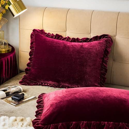 GLORY SEASON Velvet Pillow Shams Set of 2 Retro Ruffle Flounces Trim Soft Decorative Luxurious Solid Amaranth Farmhouse Vintage Pillow Cases for Bedroom Decor Standard 20x26 Inch thumbnail 4