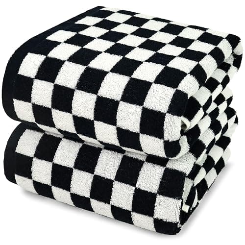 Jacquotha Black & White Checkered Cotton Bath Towels Set of 2 - Cute Aesthetic Bathroom Towels for Bathroom Decor 27.5" x 55" - Image 1