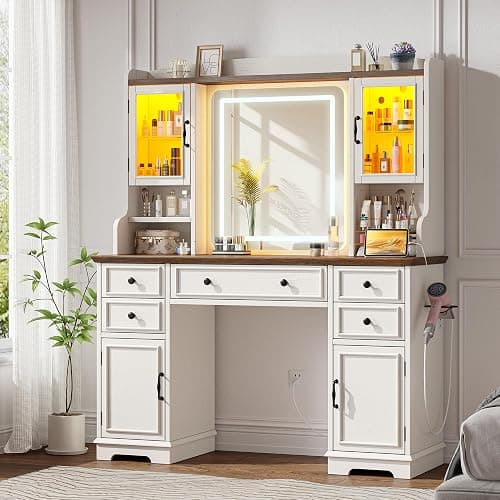 EnHomee Vanity Desk with Mirror and Lights, 43" White Makeup Vanity Desk with 5 Drawers & 2 RGB Glass Cabinets, Adjustable 3 LED Lights for Bedroom, Farmhouse Dressing Table for Women thumbnail 9