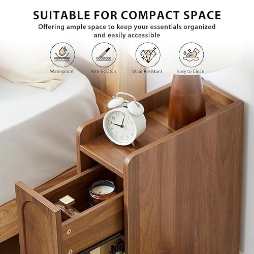Narrow Nightstand, Slim Bedside Table with Raised Edge Top, Arched Drawer & Open Shelf, Modern Wooden Small Side End Table for Bedroom or Living Room (1, Walnut) thumbnail 3