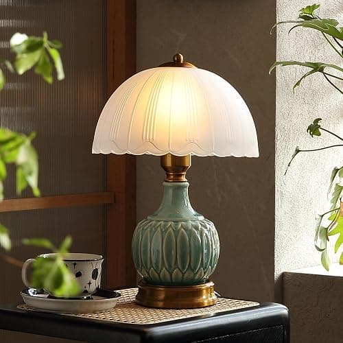 Glivpny Vintage Lamp for Living Room,16" Modern Ceramic Table Lamps for Bedroom,Retro Bedside Nightstand Traditional Lamps, Classic Chinoiserie Green Lamp for Home Decor (LD002) - Image 1