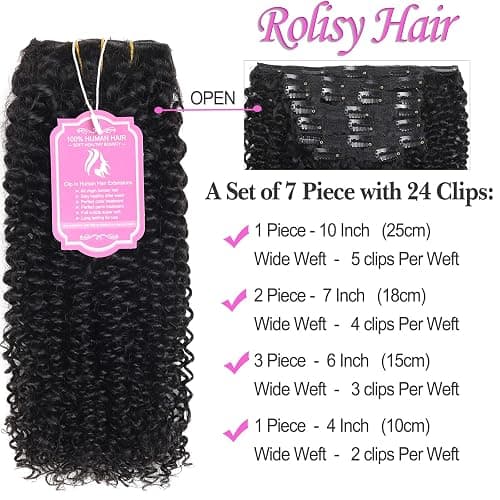 Kinky Curly Clip in Hair Extensions Human Hair 14 Inch 3C 4A Kinky Curly Hair Extensions Clip Ins for Black Women Double Weft Real Brazilian Remy Human Hair 7 Pcs with 24 Clips,Natural Black thumbnail 8