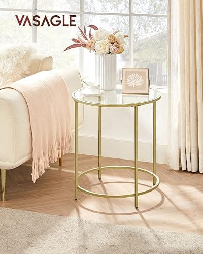 VASAGLE Round Side Table, Glass End Table with Metal Frame, Gold Coffee Table with Modern Style, for Living Room, Balcony, Bedroom, Gold Color thumbnail 2