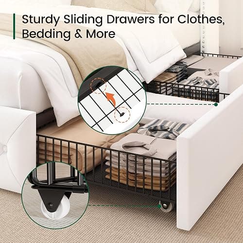 LARMACE Queen Size Bed Frame with LED Lights and 4 Storage Drawers Velvet Upholstered Platform Bed Frame with Tufted Headboard Wingback, No Box Spring Needed, Easy to Assemble, White thumbnail 5