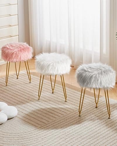 IBUYKE Faux Fur Vanity Stool Chair, Furry Makeup Stool Ottoman, Soft Padded Seat, Round Footrest Footstools with 4 Metal Legs, for Living Room Bedroom Entryway, Gray LG-32G - without storage - Grey thumbnail 8